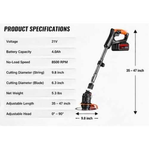 21V Cordless Weed Wacker, 2×4.0Ah Battery Powered Weed Trimmer, Electric Weed Eater with 3 Types Blades, Adjustable Cutting Height & Angle, Brush Cutter & Edger Lawn Tool for Garden Yard Care