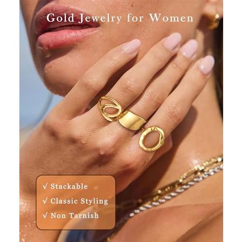 ZOERAY Chunky Gold Rings for Women Non Tarnish Stackable Statement Ring | 14K Gold Plated, Stacking Thumb Ring Set, Signet Open Twist Dome Band Rings, Gold Jewelry Gifts for Women, Size 5 6 7 8 9 10