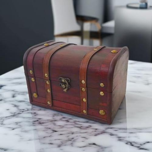 Wood and Leather Treasure Decorative Storage Chest With Lock and Lids - Handcrafted Small Stash Box for Home Decor