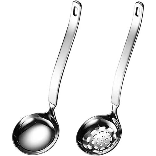 Small Soup Ladle Metal SUS304 Stainless Steel Ladles Spoon And Slotted Colander Spoon Set Soup Ladle With Holes Strainer Scoop Ladles For Serving Gravy Hot Pot Or Restaurant,2 Piece Set