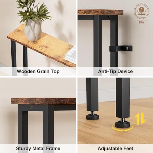 70 Narrow Console Sofa Table - 2 Power Outlets & 4 USB Ports, Metal Frame, Rustic Brown, Perfect for Hallway, Office, and Behind Sofa - Easy Assembly, 4.9' Extension Cord Included