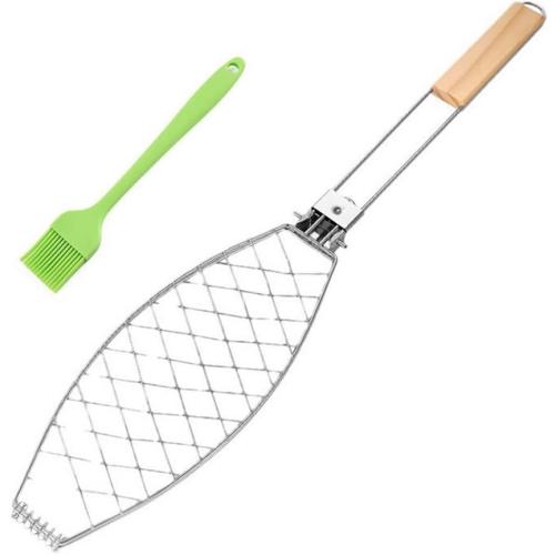 Fish Grilling Basket Fish Holder Kabob Salmon Shrimp Seafood Cage Rack with Oil Brushes