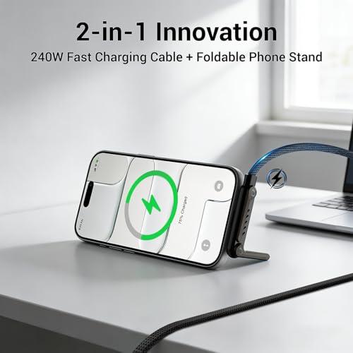 Invisible Holder Charger Cable, 240W PD Fast Charging Cable for Desk, USB-C to USB-C & USB to USB-C Cable 4.9 FT with 360° Adjustable Metal Stand, 2 in 1 Holder Charger for Gaming, Office, Home