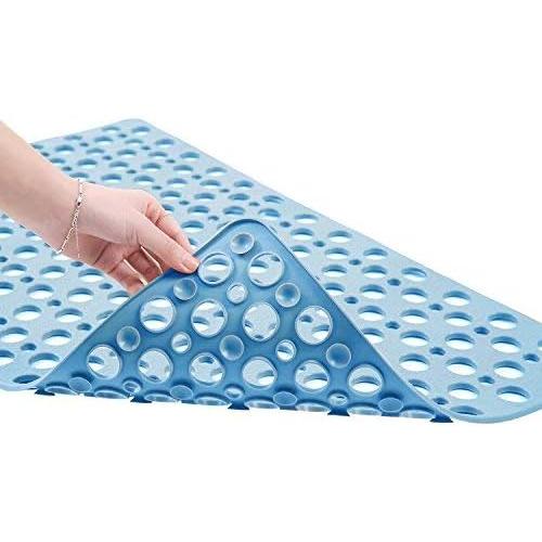 Blue Nonslip Bathtub Mat Extra Soft TPE Bath Mat for Kids, Machine Washable Bathroom Shower Mat, Smooth/Non-Textured Tubs Only, 30L x 17W Inch