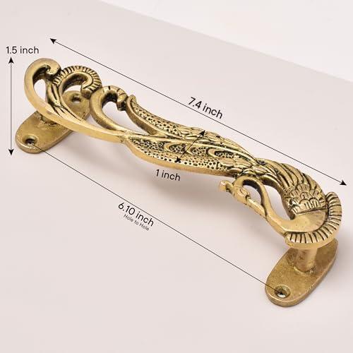 Indian Shelf 1 Pair Peacock Decorative Door Handles Interior Vintage Door Pulls Antique Brass Cabinet Pulls Unique Gold Cabinet Handles- 7.4