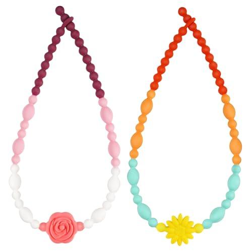 Flower Chew Necklaces for Sensory Kids 2 Pack, One-Piece Silicone Chewelry for Nail Biting Prevention, Sensory Fidget Necklace for Kids & Adult with ADHD & Autism, Classroom Chew Toys for Toddlers