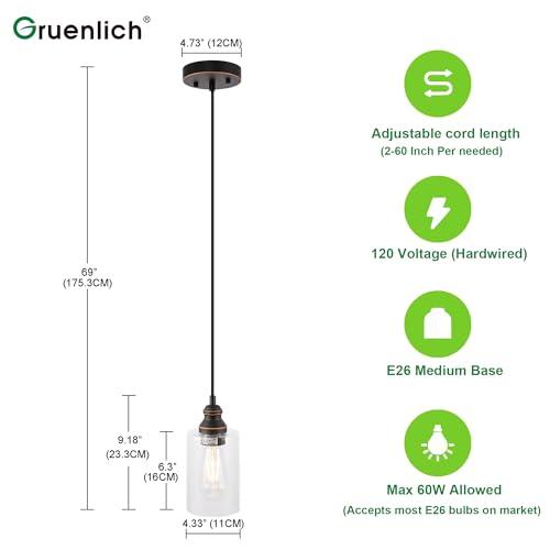 BRONZE GRUENLICH Pendant Light, Hanging Ceiling Light Fixture for Kitchen and Dining Room, E26 Medium Base, Metal Construction with Clear Glass, Bulb not Included, 3-Pack Bronze