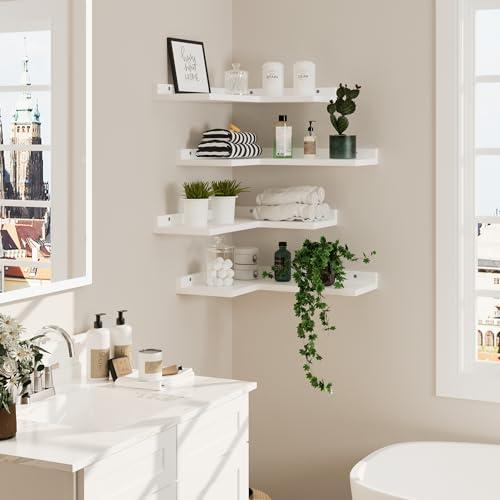 4-Tier Corner Floating Shelves, Rustic Pine L-Shaped Shelves for Creative Wall Storage in Bedroom, Bathroom & Any Room - White