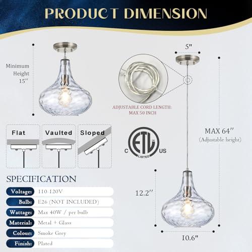 Clear 11 Smoked Hammered Glass Pendant Light – Modern Ceiling Hanging Fixture with Brushed Nickel Finish for Kitchen Island, Dining Room, Hallway, Entryway – E26 Base