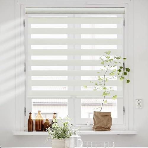 Persilux Cordless Zebra Blinds for Windows with Jacquard Pattern Insulated Roller Shades Light Filtering Sheer Window Shades for Home, Office and Door (34 W x 72 H, Cream)