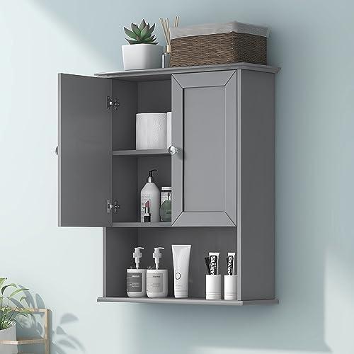 Grey Wall Mounted Bathroom Cabinet 24x30 Inch Wooden Over Toilet Storage Cabinet with 2 Doors, Above Toilet Medicine Cabinets for Bathroom Laundry Room Bedroom Kitchen