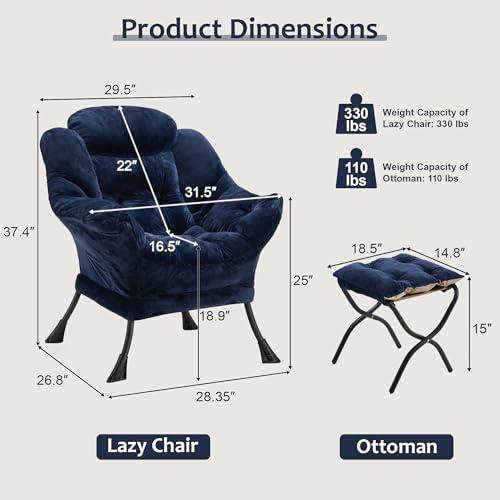 Fabric Lazy Chair with Ottoman, Oversized Upholstered Sofa Chair for Adults, Plush Comfy Lounge Chair with Large Side Storage Pocket, Reading Chair for Living Room, Bedroom, Office, Navy Blue