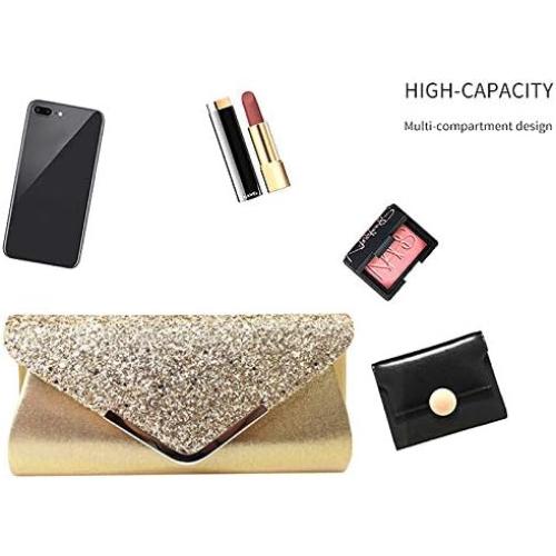 Queena Womens Shiny Glitter Evening Clutch Envelope Handbag Chain Purse for Wedding Party Prom Gift for Mom Wife Girlfriend