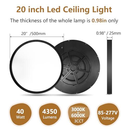 20 Inch Large LED Flush Mount Ceiling Light, 40W,4350LM, 3000K/4000K/6000K CCT Selectable, 0.98inch Super Slim Low Profile Round Flat Panel Light for Bedroom,Kitchen,Hallway(Black)