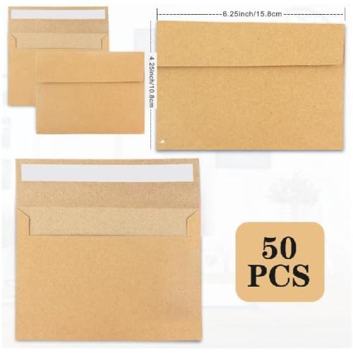 50Packs A4 Kraft Envelopes 4x 6 Inch Card Envelopes,Self Seal for Weddings, Greeting Cards，Mailing， Invitations, Photos, Postcards