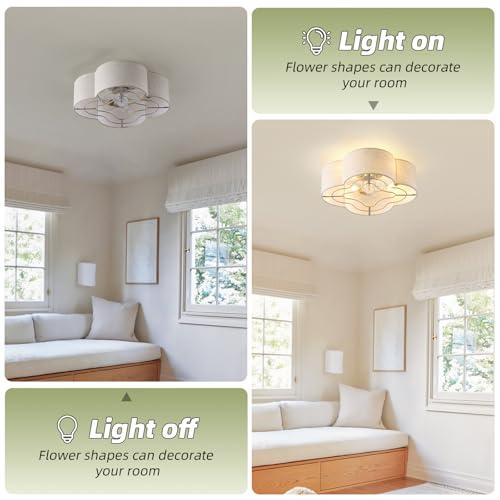 WHITE 20 Boho Ceiling Fan with Light, Rattan Caged Flush Mount Ceiling Fan with Light Remote Control, Enclosed with 6 Speeds for Bedroom, Living Room, Foyer, Nursery (Beige)