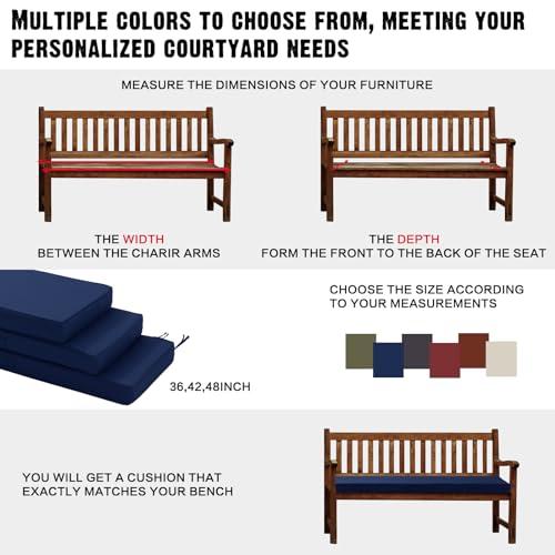 Outdoor Bench Cushion 4 inches Memory Foam Waterproof Patio Furniture Bench Cushion Porch Swing Cushion with Handle and Adjustable Strap, 60 x 18 Inch Navy