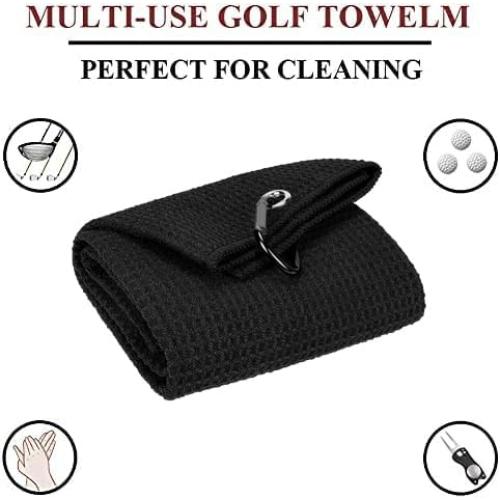 VIVIDLY Black 16 x 24 Waffle Pattern Tri-fold Golf Towel Set | Golf Club Brush | Golf Divot Tool