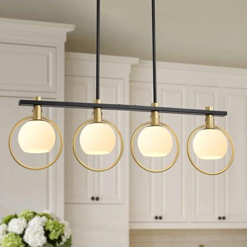 Color Gold Black Chandelier Modern Dining Room Light Fixture 4-Light Kitchen Island Lighting Hanging for Farmhouse Linear Chandeliers Mid Century Chandelier with Milk Glass Globe Shade