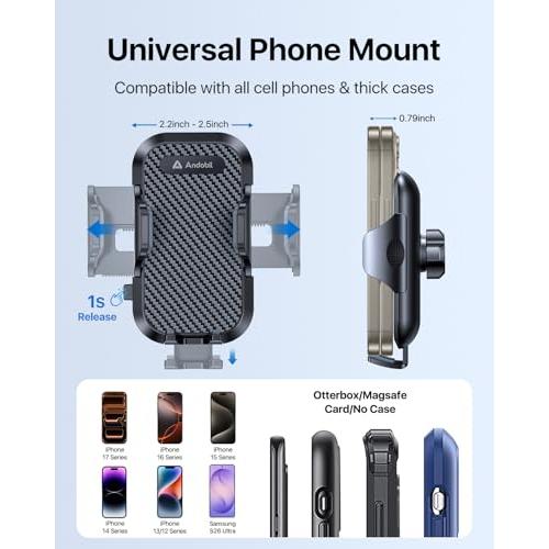 andobil Car Phone Holder, 2026 Military-Grade 89lbs Strongest Suction Phone Holders for Your Car Dashboard/Windshield/Vent Easy Clamp Car Phone Mount Stand for iPhone 17 16 15 14 13 Pro Max Samsung