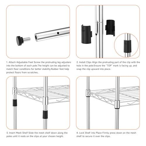 IZEUK 4 Tier Metal Wire Shelf Unit, Chrome Storage Rack Organizer for Kitchen, Bedroom, Living Room or Laundry Room, 17.7 W x 11.8 D x 41.9 H