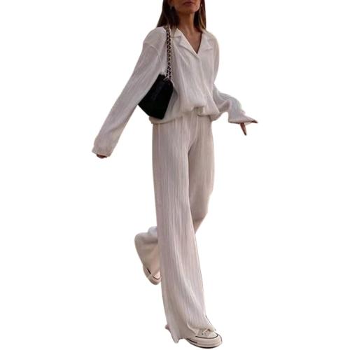 Medium Pleated 2 Piece Outfits for Women Long Sleeve Oversized Button Down Shirt Wide Leg Pants Sets Casual Loungewear