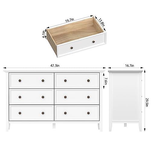 IKENO White 6 Drawer Dresser for Bedroom, Modern Solid Wood Large Storage Cabinet, Simple White Chest of Drawer for Bedroom Living Room Hallway Entryway