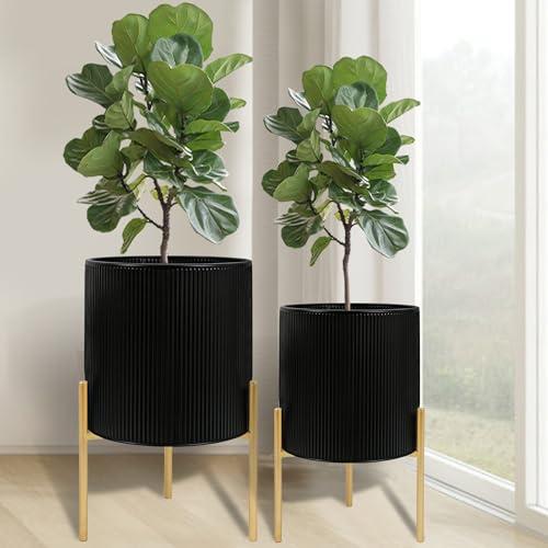 ARNIS Modern Plant Pots, Set of 2 Round Large Planters with Stand, Large Size Metal Pots with Drainage Holes for Living Room, Office, Garden or Balcony, 10.5 &12.25 Inch, Black & Gold