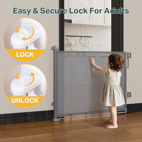 Cumbor 37-55 Retractable Baby Gates for Stairs & Doorways, Indoor Outdoor | Hardware Mounted Mesh Dog & Pet Gate, Easy Walk Through, One-Hand Operation, Anti-Crawl Adjustable Safety Gate for Dog, Grey