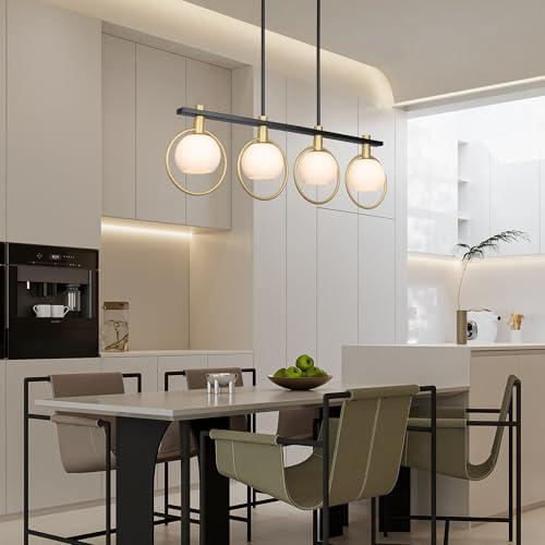 Color Gold Black Chandelier Modern Dining Room Light Fixture 4-Light Kitchen Island Lighting Hanging for Farmhouse Linear Chandeliers Mid Century Chandelier with Milk Glass Globe Shade