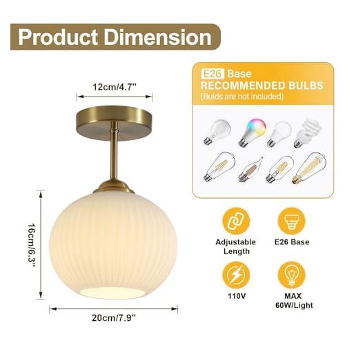 Gold Semi Flush Mount Ceiling Light Modern Semi Flush Lighting Milk Glass Globe Light Small Globe Hallway Lighting Fixtures Ceiling Vintage Ribbed Light Fixture