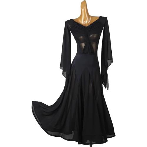 Women's Medium Waltz Performance Dancing Outfit Mesh Standard Ballroom Dresses V Neck Tango Flamenco Competition Clothing