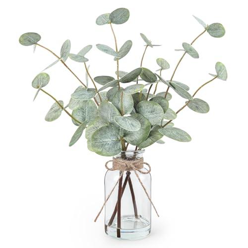 Artificial Eucalyptus Stems in Glass Vase with Faux Water, 13.5” Fake Plants for Home Decor, Coffee Table Centerpieces, Office, Bathroom & Farmhouse Weddings - Faux Greenery Plants Decorations