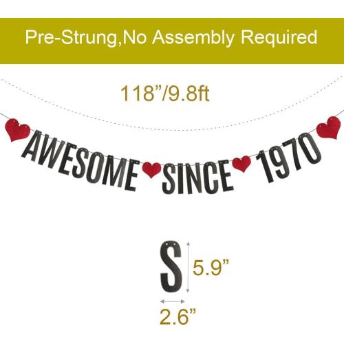 AWESOME SINCE 1970 Banner,Black Glitter Paper Banner for 56th Birthday Party Decorations Supplies,Pre-Strung, No Assembly Needed,Letters Black,Betteryanzi