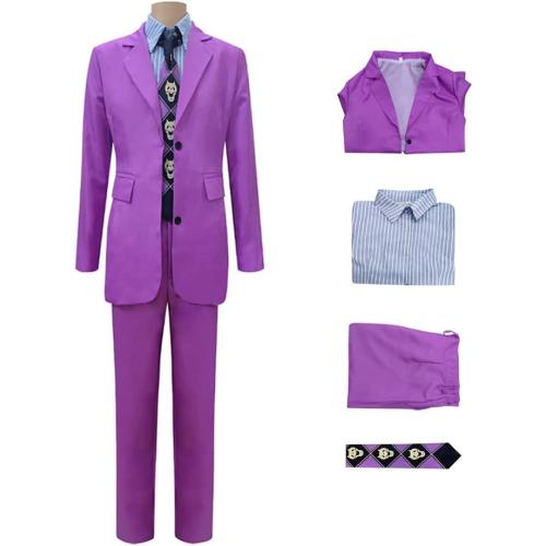 Size Large Kira Yoshikage Cosplay Costume Purple Suit and Striped Shirt Set for Halloween Masquerade Party Anime Exhibition(L)