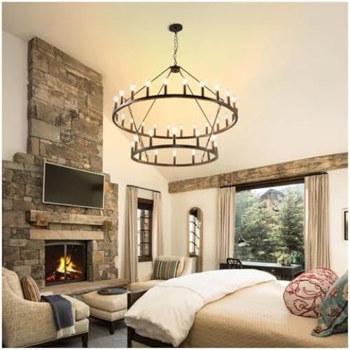 Size Extra Large 36-Light Color Black  Wagon Wheel Chandelier - 2 Tier Rustic Farmhouse Pendant Light Fixture for Living Room, Dining Room, and Entryway, Vintage Style Hanging Lighting