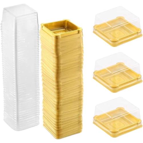 EchoDone 50 Set Clear Plastic Mini Cupcake Boxes Muffin Square Mooncake Box Single Container Wedding Birthday Gift Box (Gold)