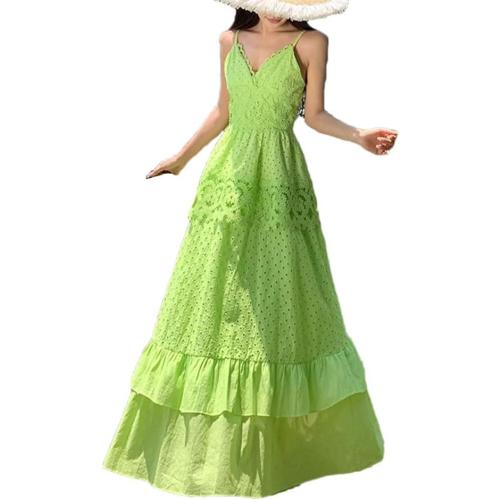 Size L/XL..SUNFERE.  .. Women's Vintage Hollowed Out Backless Holiday Slip Long Dress V-Neck Ruffle Lace Cake Party Dress