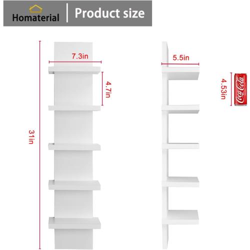 5 Tier Wall Shelf Unit, Small White Vertical Floating Shelf | Mordern Narrow Wall Mounted Shelves, Cute Space-saving Shelf for Bedroom, Bathroom, Living Room and Entryway