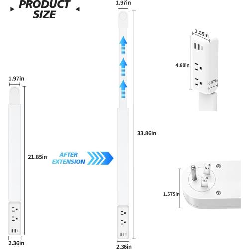 Electrical Outlet Extender Stick,Rotated and Extended Power Strip,with 1 USB-C,2 USB-A,2 AC Outlets,Extends 22-34, Rotated 180°,Perfect for Hard-to-Reach Outlets Behind Couch,Sofa, Bed, Furniture