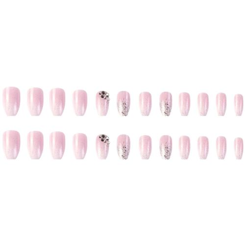 Medium Coffin Press On Nails Crystal Gem Design Fake Nails Acrylic Gradient Bling False Nails Reusable Ballerina Stick On Nails for Women and Girls （24 PCS）