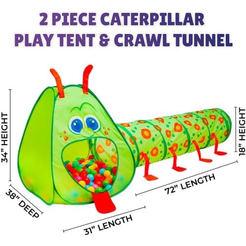 Kiddey Caterpillar Kids Play Tunnel & Tent – Toddler Crawl Tunnel   Play Tent, Pop-Up Indoor/Outdoor Ball Pit Playset (Balls Not Included), Folds Flat for Storage