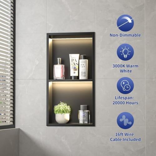Stainless Steel Led Shower Niche Black 24 X 12 No Tile Needed | Recessed niche matte black w/ 2-tier shelf,Led driver UL listed,vertical niche,non-dimmable,3000K warm light IP66 waterproof