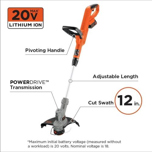 BLACK DECKER 20V MAX String Trimmer and Edger 2 in 1, Cordless Weed Wacker with Auto Spool Feed, Battery and Charger Included, 12 Inch Steel Blade, Reduced Vibration (LST300)
