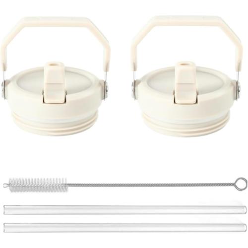 2Pack Replacement Tumbler Lid Fit for Stanley 2.0 Water Bottle 24 oz(Only) Flip Straw Lid with 2Pcs Reusable Straws,Cleaning Brush (Cream White)
