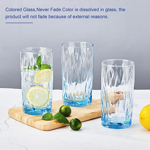 Solid Color Drinking Glasses Set of 6, 13.5 OZ Wind-blown Ripples Glass Tumbler Glassware for Water, Juice, Different Options for Home, Restaurant, Hotel, Bar, Blue