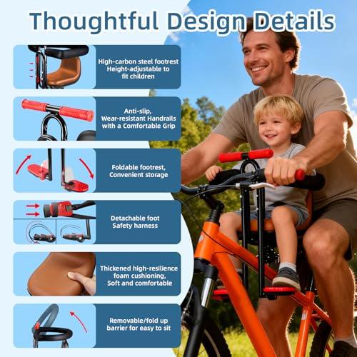 Front Mounted Child Bike Seat for Adult MTB–Interactive Toddler Bicycle Carrier with Full Guardrail,Foot Pedals & Removable Foot Straps,Height Adjustable for Kids 1–5 Years (Up to 55lbs)