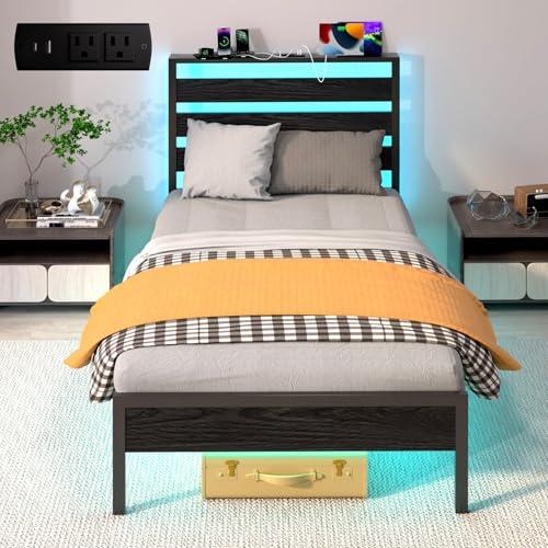 LED COLORFUL Twin Bed Frame with LED Lights & Charging Station, Storage Headboard, Heavy Duty Metal Slats, No Box Spring Needed, Noise-Free, Easy Assembly, Black