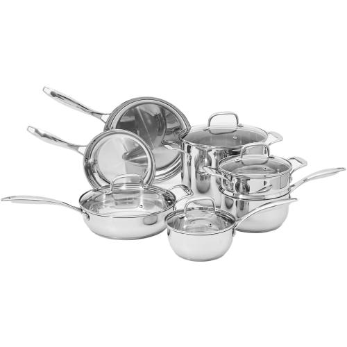 Amazon Basics Stainless Steel Cookware 11-Piece Set, Oven Safe, Pots and Pans, Induction-Ready, Even Heating, Easy to Clean, Heavy Duty, Silver