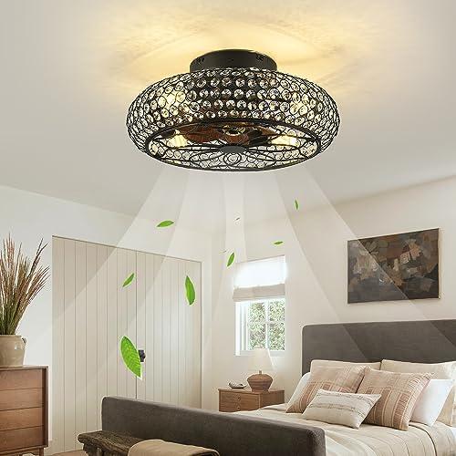 Caged Crystal Ceiling Fans with Lights and Remote,18.8 Flush Mount Low Profile Ceiling Fan with Light,6 Speed Enclosed Ceiling Fan with Reversible Motor for Bedroom Kitchen Living Room